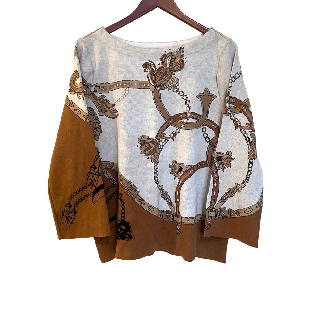Chicos Women Size 2‎ Large Brown Ivory Equestrian Print Sweater Top 3/4 Sleeve